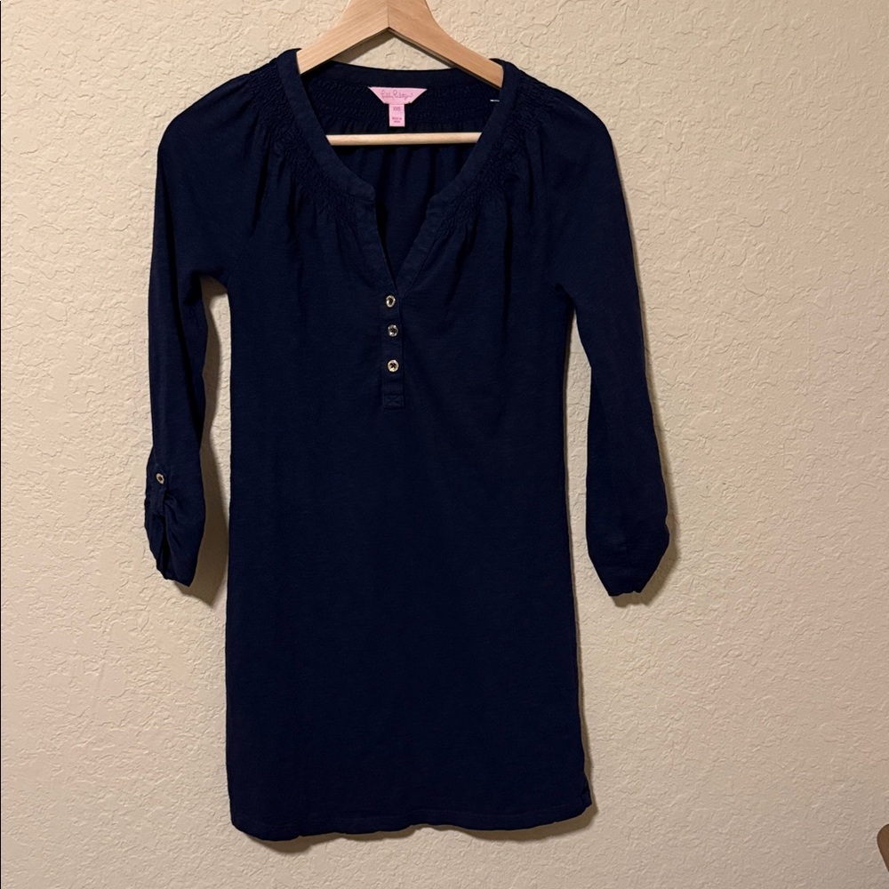 Lilly Pulitzer Navy Henley Tunic dress with Smocked Yoke xxs